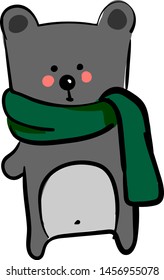 Bear with green scarf, illustration, vector on white background.