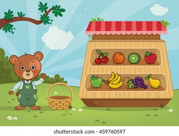 Bear greengrocer character showing his products.(Vector-Cartoon-Illustration)