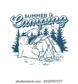 Bear grilled a fish, near the tent in front of the mountain, Vector Illustration Logo Design.

