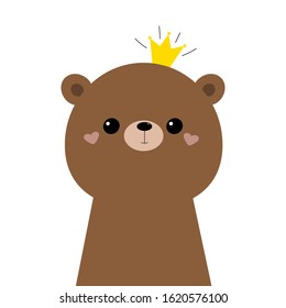 Bear grizzly face head icon. Cute kawaii animal. Golden crown. Cartoon funny baby character. Kids print for poster, t-shirt. Love. Scandinavian style. Flat design. White background. Vector