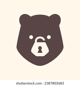 Bärenkartoon mit Grizzy-Gesichtsporträt Padlock sichere süße Maskottchen-Zeichentrickfilm Saubere flache, moderne minimale Logo-Design Vektorgrafik