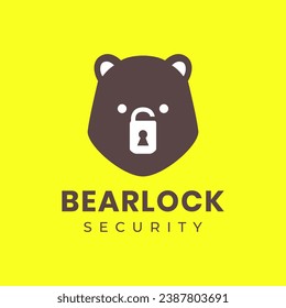 bear grizzly face portrait padlock secure cute mascot character cartoon clean flat modern minimal logo design vector icon illustration