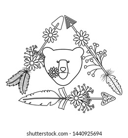 bear grizzly with feathers and arrows bohemian style