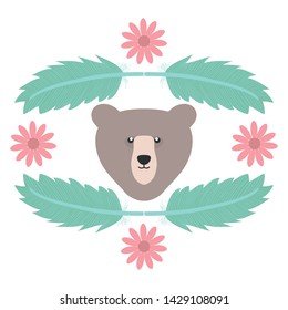 bear grizzly with feathers and flowers bohemian style