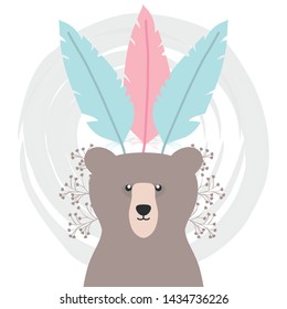 bear grizzly with feathers hat bohemian style