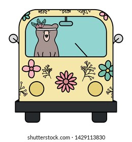 bear grizzly with feathers hat in hippie van