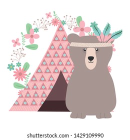 bear grizzly with feathers hat and indian tent