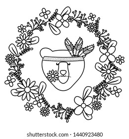 bear grizzly with floral decoration bohemian style