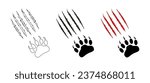 Bear or Grizzly Paw print with scratches. Claw marks, cuts, wounds. Silhouette, contour. Red blood scratches. Vector isolated. Clip Art. Wild animal paw with claw marks. Icon, print, tattoo, postcard