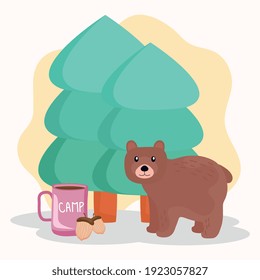 bear grizzly with pines trees scene vector illustration design