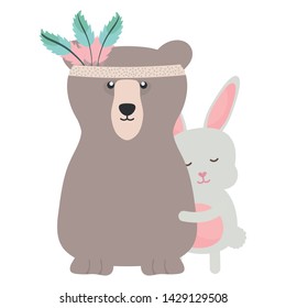 bear grizzly and rabbit with feathers hat boho style