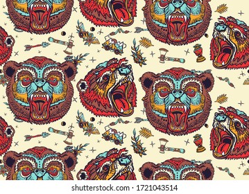 Bear grizzly seamless pattern. Aggressive animals background. Symbol of tourism and adventure, great outdoor. Old school tattoo style  