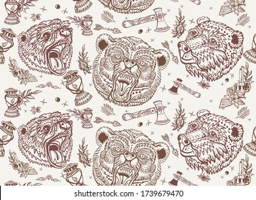 Osen un patrón parduzco y sin fisuras. Símbolo de turismo y aventura, gran arte al aire libre. Estilo de tatuaje de la vieja escuela. Fondo agresivo de animales
