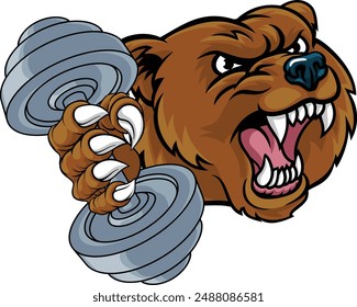 A bear grizzly weight lifting gym animal sports mascot holding a dumbbell in its claw