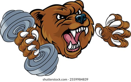 A bear grizzly weight lifting gym animal sports mascot holding a dumbbell in its claw