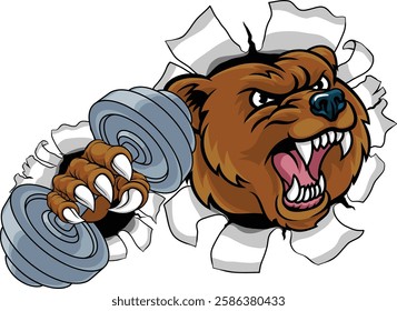 A bear grizzly weight lifting gym animal sports mascot holding a dumbbell in its claw