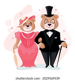 Bear groom and bride. Bears in retro clothes. Loved bears in clothes. Vector illustration in cartoon style.