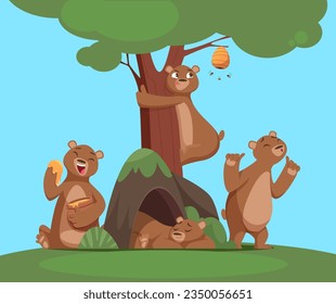 Bear group. Funny cartoon bear in woods eating playing sleeping. Vector cartoon background