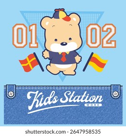 bear guarding with flag, Animal Cartoon, Flat Vector Illustration isolated