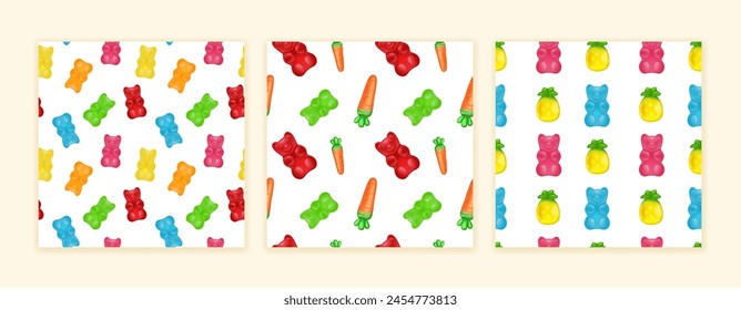 Bear gummy. Pattern candy collection, fruit jelly cute sweets, colorful bean, sugar snack, cola bottle. Kids food, soft gum. Print with icon 3d shapes. Vector background illustration birthday decor