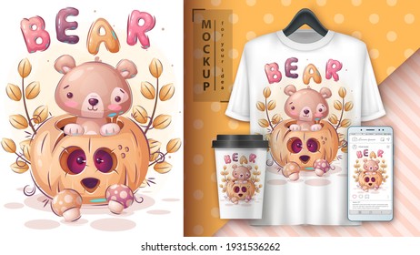 Bear halloween pumpkin poster and merchandising. Vector eps 10