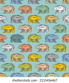 Bear Hand drawing pattern seamless. Multicolored Beast engraving background. vector texture