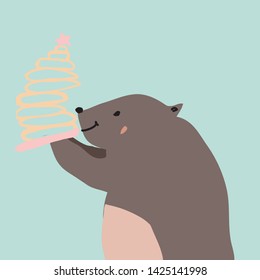 Bear hand drawn and flat illustration for your design. Bear and bagel