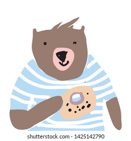 Bear hand drawn and flat illustration for your design. Bear and bagel