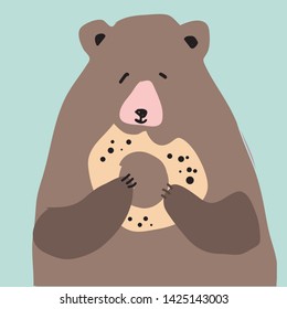 Bear hand drawn and flat illustration for your design. Bear and bagel