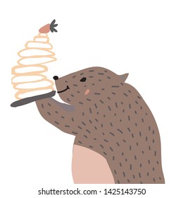 Bear hand drawn and flat illustration for your design. Bear and bagel