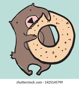 Bear hand drawn and flat illustration for your design. Bear and bagel