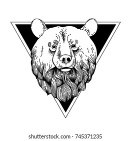 Bear Hand Drawn Graphic.Bear Head Logo Mascot Emblem isolated on white background.Tattoo symbol with geometry frame. Print, poster, t-shirt. textiles. Vector illustration art. Vintage engraving style.