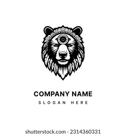 Bear hand drawn logo design illustration with a rustic charm, perfect for outdoor brands and adventure themed businesses. Wilderness, strength, nature inspired, rugged, versatile.