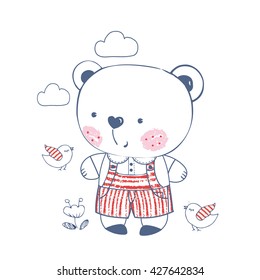 bear/ hand drawn vector illustration of cute baby bear/ for baby boy's T-shirt Graphic/ kid's or baby's shirt design/fashion print design/fashion graphic/t-shirt/kids wear /tee