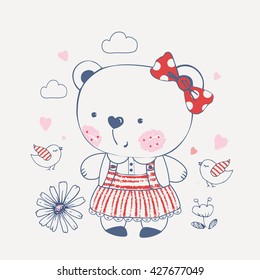 bear/ hand drawn vector illustration of cute baby bear/ for baby girls T-shirt Graphic/ kid's or baby's shirt design/fashion print design/fashion graphic/t-shirt/kids wear /tee