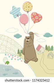 A bear is hanging with balloons over the beautiful lanscape vector illustration. A cute bear with balloons vector cartoon. Pastel landscape vector. 