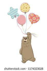 A bear is hanging and balloons vector illustration isolated white background  A cute bear and balloons vector cartoon  Pastel bear cartoon vector  
