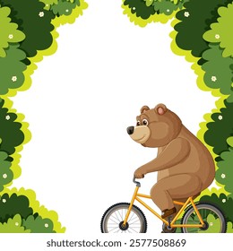 A bear happily cycling through lush green trees