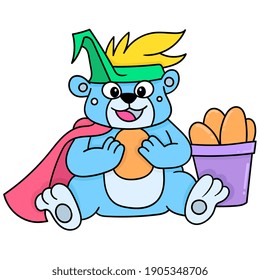 The bear is happily raising eggs waiting to hatch, doodle draw kawaii. vector illustration art