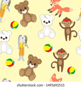 Bear, hare, Fox and monkey toys. Colorful seamless background of Teddy bears, hares, foxes and monkeys for girls and boys. It can be used for baby textiles, wrapping paper and baby room decoration.
