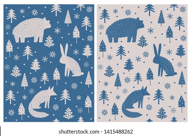 Bear, Hare and Fox Sitting Among Christmas Trees and Snow Flakes.Abstract Hand Drawn Woodland Vector Pattern. Dark Blue and Beige Scandinavian Style Art.Simple Winter Forest Design for Card, Printing.