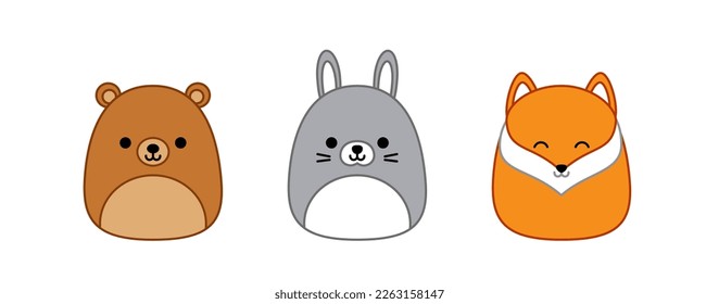 Oso, liebre, zorro. Squishmallow. Delicioso juguete de peluche suave. Animales forestales. Almohada. Kawaii, caricatura. Ilustración vectorial aislada eps 10