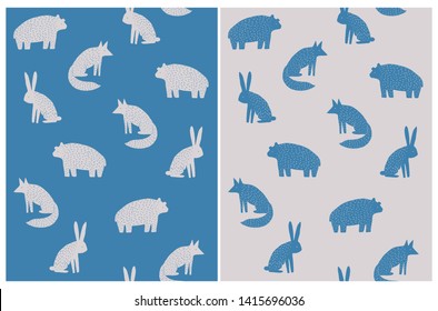 Bear, Hare and FoxIsolated on a Beige and Blue Background .Abstract Hand Drawn Woodland Vector Pattern. Dark Blue and Beige Scandinavian Style Art. Simple Forest Animals Design for Card, Printing.