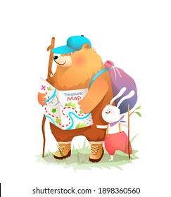 Bear and Hare go for adventures in the forest, kids animals explorers holding map and backpack in the forest, motivation story. Vector graphics for kids events, books or prints.