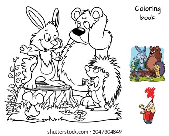 Bear, hare, hedgehog and mouse play riddles. Coloring book. Cartoon vector illustration