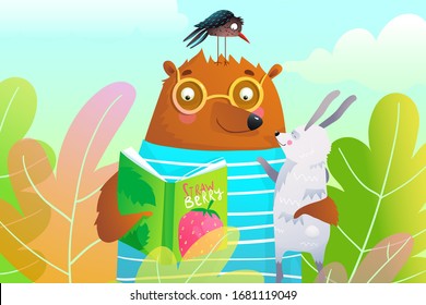 Bear and hare or rabbit reading book, studying friends in forest nature. Book cover, invitation or greeting card for kids with adorable wild animals characters. Vector artistic cartoon. 