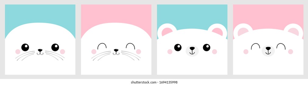 Bear, harp seal pup. White Sea lion head face square icon set line. Pet baby print for notebook cover, greeting card. Cute cartoon kawaii funny character. Flat design. Pink background. Vector