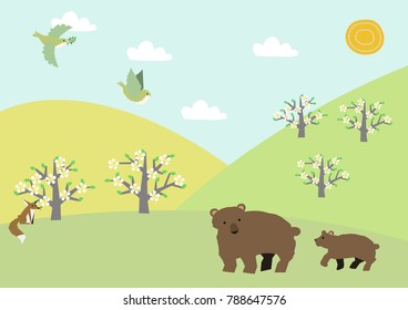 Bear and Haruyama landscape. Spring landscape.Illustrations of the four seasons.