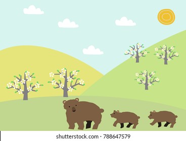 Bear and Haruyama landscape. Spring landscape.Illustrations of the four seasons.