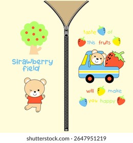 bear harvesting strawberries fruits, Nature Animal Cartoon, isolated Flat Vector Illustration